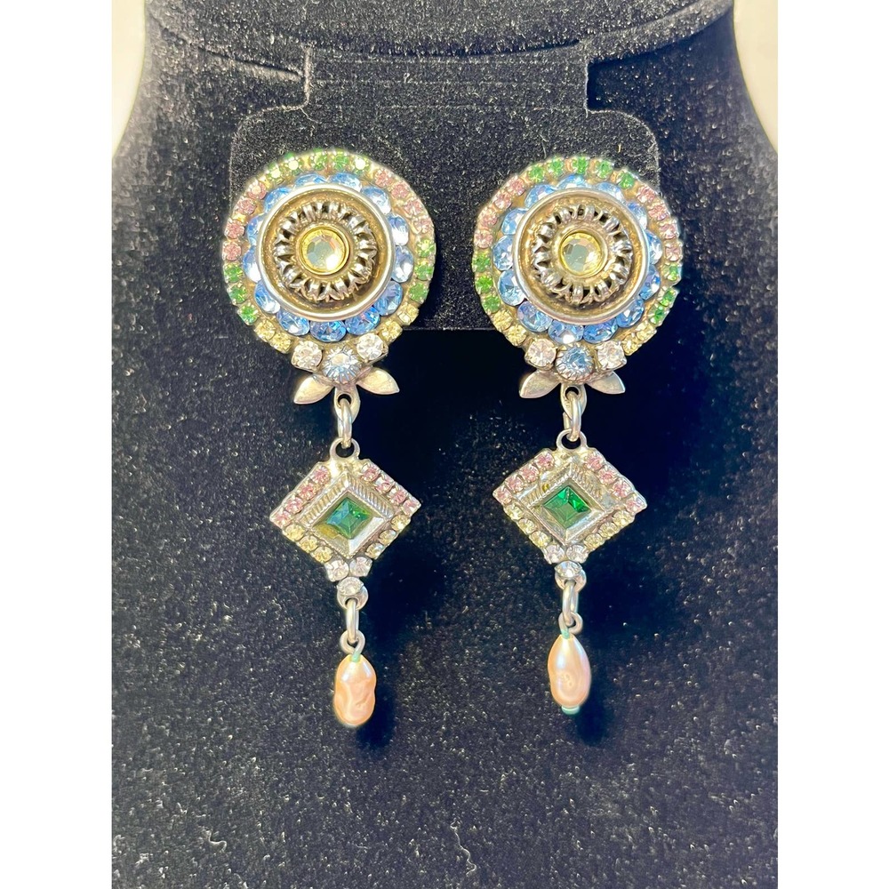 Vintage Signed Sorrelli Multicolor Rhinestone Pearl Stone ClipOn Earrings